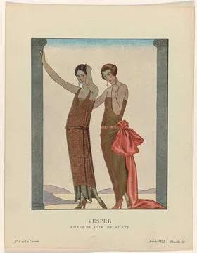 Gazette du Bon Ton, 1922 - No. 8: Vesper / Robes du Soir, De Worth. Two st... Stock Photos
