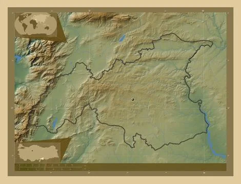Gaziantep, Turkiye. Colored elevation map with lakes and rivers Stock Illustration