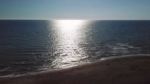 Gazing flight from a sand beach toward the sea at sunset Stock Footage 106540295