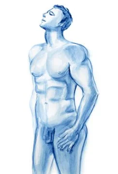 Gazing Nude Male Illustration in Blue Stock Illustration