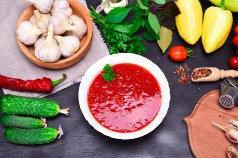 Gazpacho Spanish cold soup in a white round plate Stock Photos
