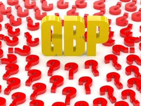 GBP sign surrounded by question marks. Concept 3D illustration. Stock Illustration