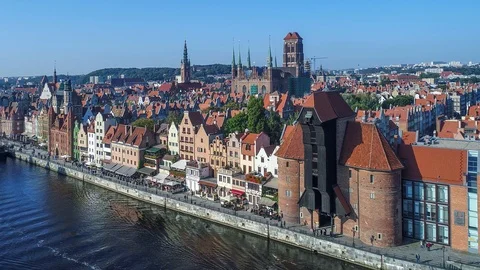 Gdansk, Poland. Old city with Motlawa River and main monuments. Aerial video Stock Footage