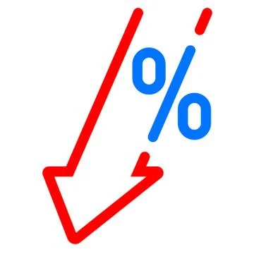 GDP decrease fall, red arrow and percent icon. Vector GDP, investment profit  Illustrazione stock