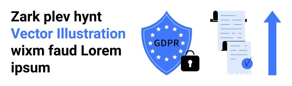 GDPR Compliance with Shield, Documents, Padlock, and Arrow in Blue Theme Stock Illustration