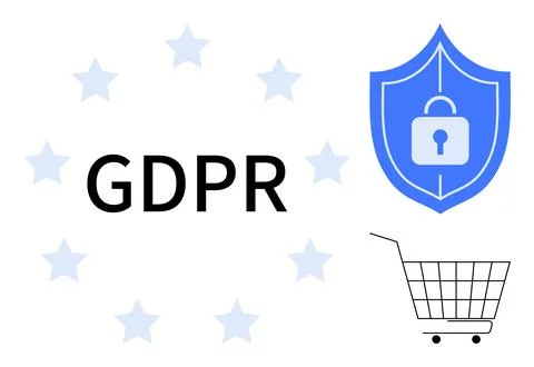 GDPR Data Protection and Security with Shopping Cart Symbol and Shield Lock Illustrazione stock