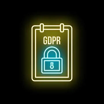 Gdpr document neon icon with security padlock Stock Illustration