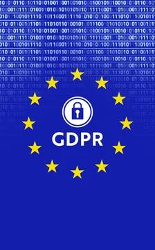 GDPR emblem is being shown in digital flat design, with binary code, twelve Illustrazione stock