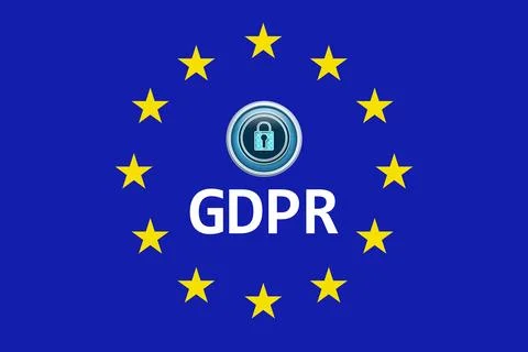 GDPR emblem is shining in flat illustration on deep blue background with yellow イラスト素材