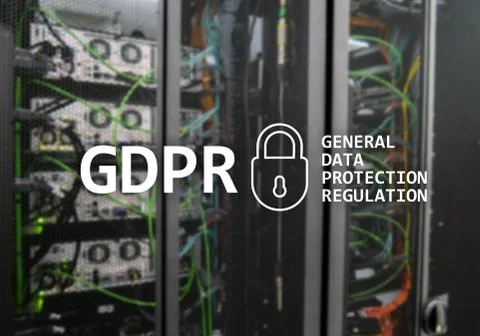 GDPR, General data protection regulation compliance. Server room background. Illustrazione stock