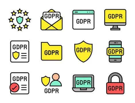 GDPR General Data Protection Regulation icon set, filled style Illustrazione stock