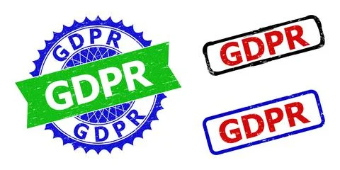 GDPR Rosette and Rectangle Bicolor Badges with Grunged Surfaces Stock Illustration