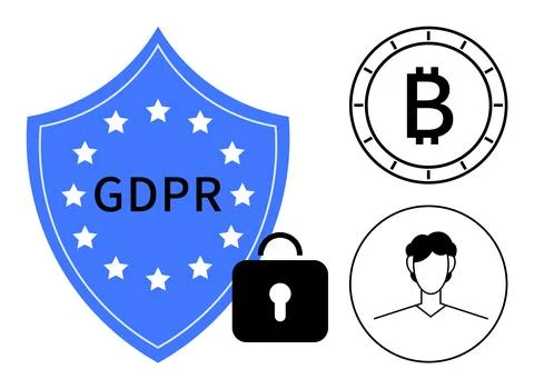 GDPR Shield with Bitcoin Symbol, User Profile, and Padlock Emphasizing Data.. イラスト素材