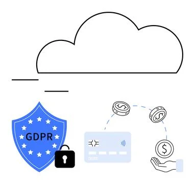 GDPR shield with cloud, credit card, money exchange, and lock for data secu.. Illustrazione stock