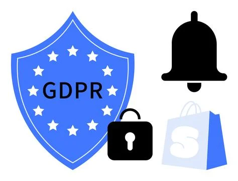 GDPR Shield with Security and E-commerce Elements in Modern Vector Style Stock Illustration