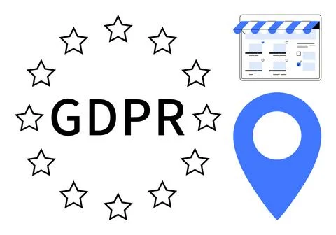GDPR surrounded by stars, web store interface with canopy, blue location pin. Stock Illustration