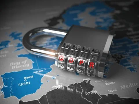 GDPR UE General Data Protection Regulation. Padlock with GDPR code on the map Stock Illustration