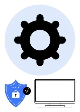 Gear above shield with a lock and screen symbolizing settings, security, an.. Stock Illustration