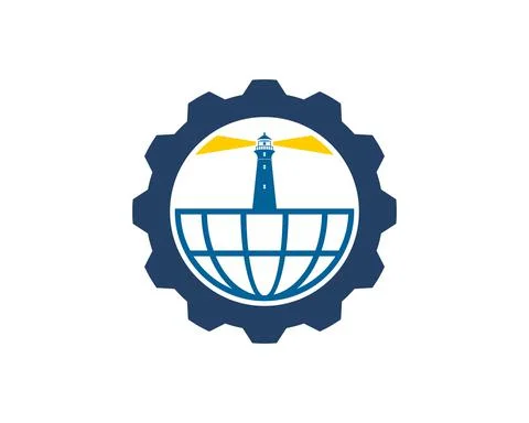 Gear with abstract globe and lighthouse inside Stock Illustration