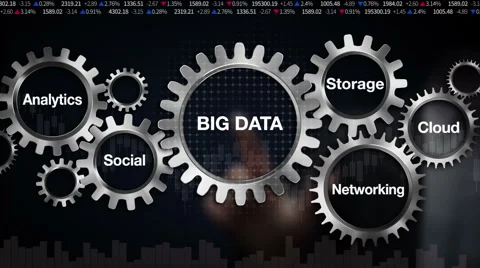 Gear with Analytics, Social, Storage, Cloud , Networking, 'BIG DATA' Stock Footage 62678307