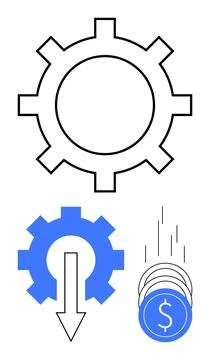 Gear and arrow indicating process efficiency leading to financial savings a.. Stock Illustration