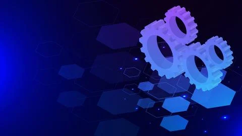 Gear and cogs wheel isometric on hexagons and glowing particles background Illustrazione stock