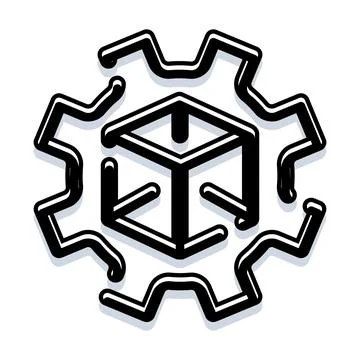 Gear and cube icon representing engineering development process Ilustración de archivo