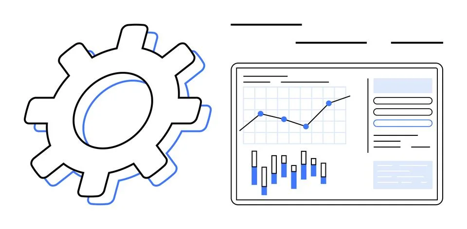 Gear and data dashboard with graphs and charts indicating performance metrics Stock Illustration