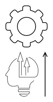 Gear and Head with Arrows Symbolizing Innovation and Growth in Simplistic D.. Stock Illustration