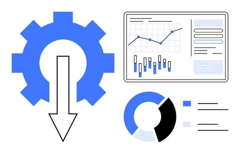 Gear with arrow, data charts, and graphs illustrating efficient operations an イラスト素材
