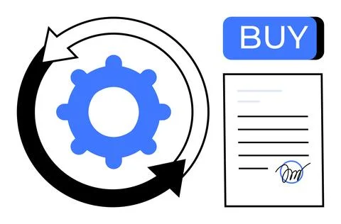 Gear with Arrows Representing Process Flow and Document with Signature Near.. Stock Illustration