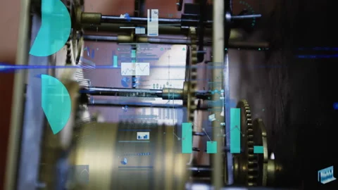 Gear assembly merging with transparent charts and data panels showing brass cogs Stock Footage 307433160