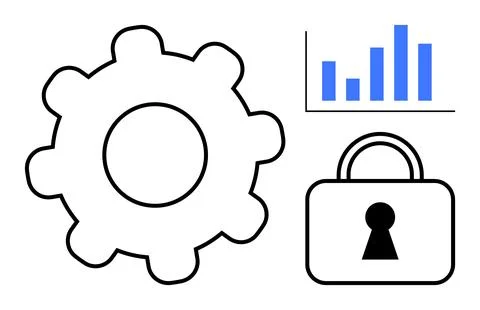 Gear, Bar Chart, and Lock Symbols of Productivity, Data Analysis, and Securit Stock Illustration