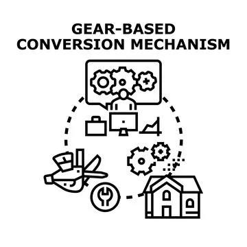 Gear based conversion mechanism transforming processes system Stock Illustration