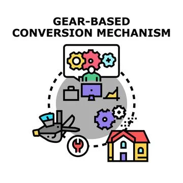 Gear based conversion mechanism transforming processes system Stock Illustration