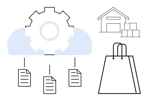 Gear on blue cloud with connected files, next to warehouse and shopping bag.  Stock Illustration