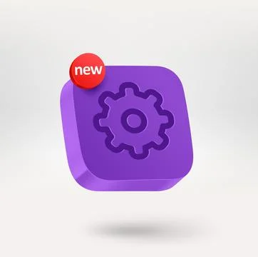 Gear button with NEW label. Mobile application icon. 3d vector icon isolate.. Stock Illustration