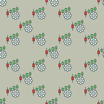 Gear with candlestick chart vector settings colored seamless pattern Stock Illustration