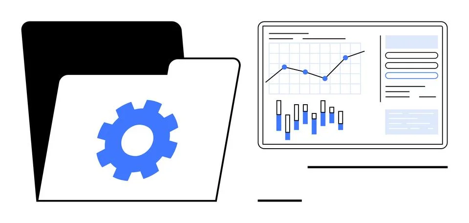 A gear-centric folder next to a screen displaying charts, graphs, and data an Illustrazione stock