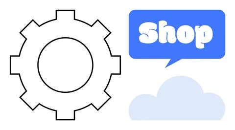 Gear with a chat bubble containing the word Shop and a cloud below it. Ideal  Stock Illustration
