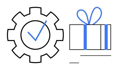 Gear with Checkmark and Gift Box with Blue Ribbon Representing Success and .. Stock Illustration