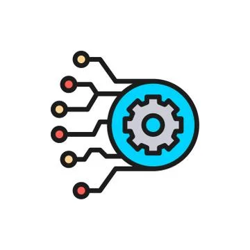 Gear with circuit board, artificial intelligence flat color line icon. イラスト素材