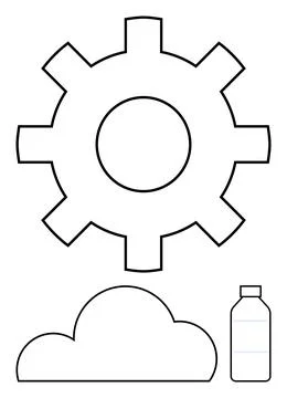 Gear with circular center gear, cloud shape, and water bottle outline in blac Stock Illustration