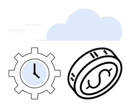 Gear with clock hands, coin with dollar sign, and cloud background. Ideal for Stockillustratie