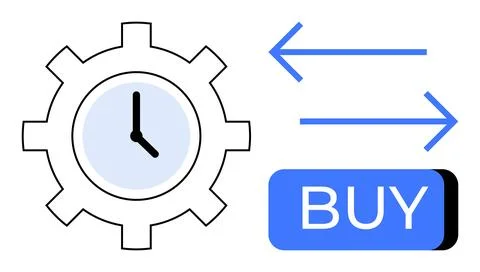 Gear with clock inside beside blue buy button with left and right pointing ar Stock Illustration