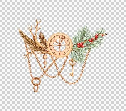 Gear clock with spruce and dry branches and chains watercolor Stock Illustration