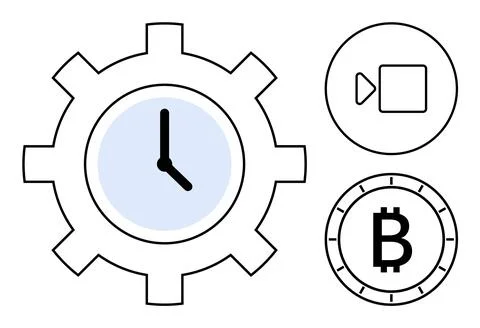Gear clock, video play button, and Bitcoin icon representing technology, ti.. イラスト素材