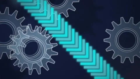 Gear cogs cyan arrow path glowing seamless loop background Video stock 345657727