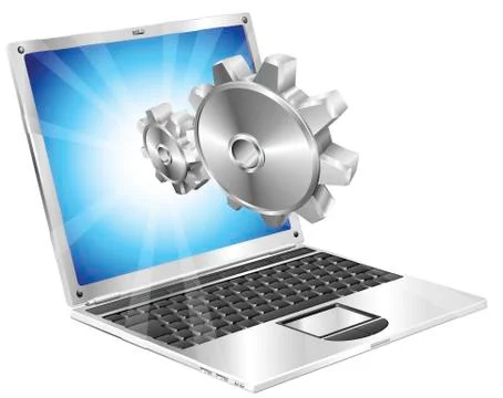 Gear cogs flying out of laptop screen concept Stock Illustration