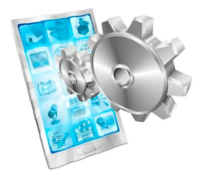 Gear cogs flying out of phone screen concept Stock Illustration